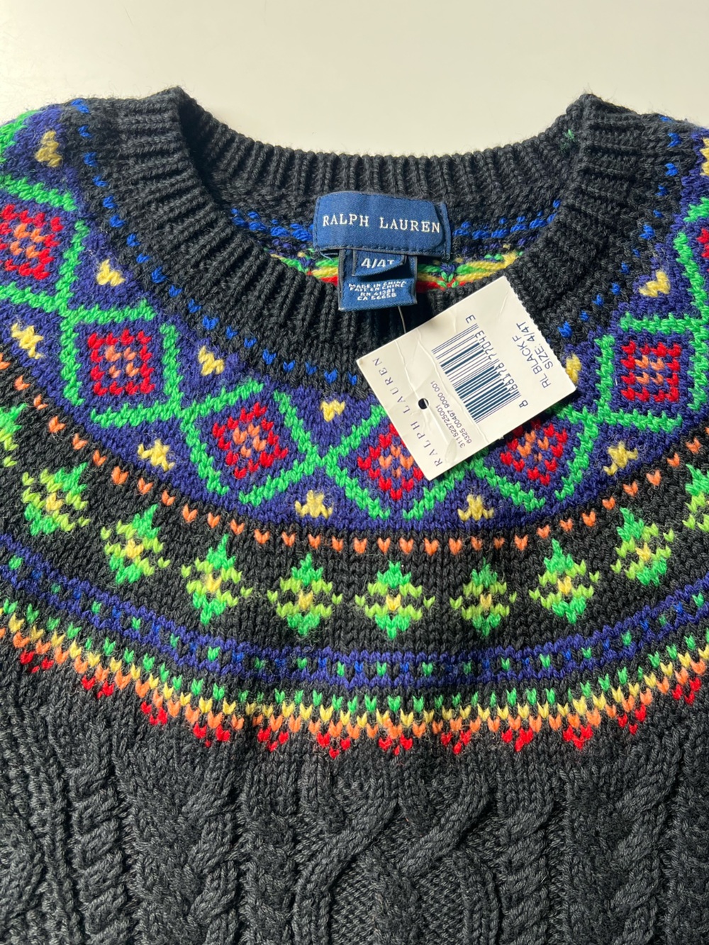 Ralph Lauren Kids Black Cable Knit Fair Isle Sweater 4T NWT - Picture 2 of 4
